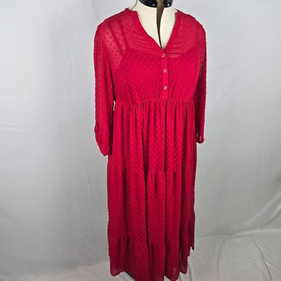 Torrid Dress Women's 0X 12 Red Midi Dot Chiffon Cottagecore Lagenlook 3/4 Sleeve - Picture 8 of 13